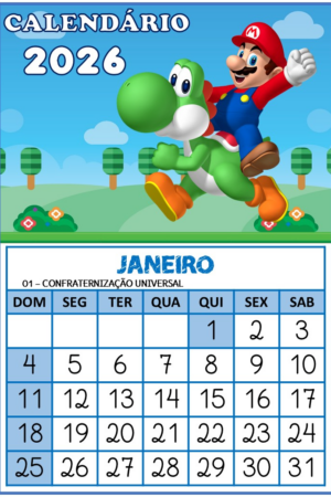 Calendário Super Mário 2026 Arquivo Digital - PDF e PNG