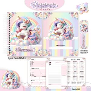 Arquivo Digital Agenda Escolar Unicórnio 3D – Kit Premium Pronto para Imprimir