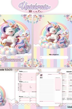 Arquivo Digital Agenda Escolar Unicórnio 3D – Kit Premium Pronto para Imprimir