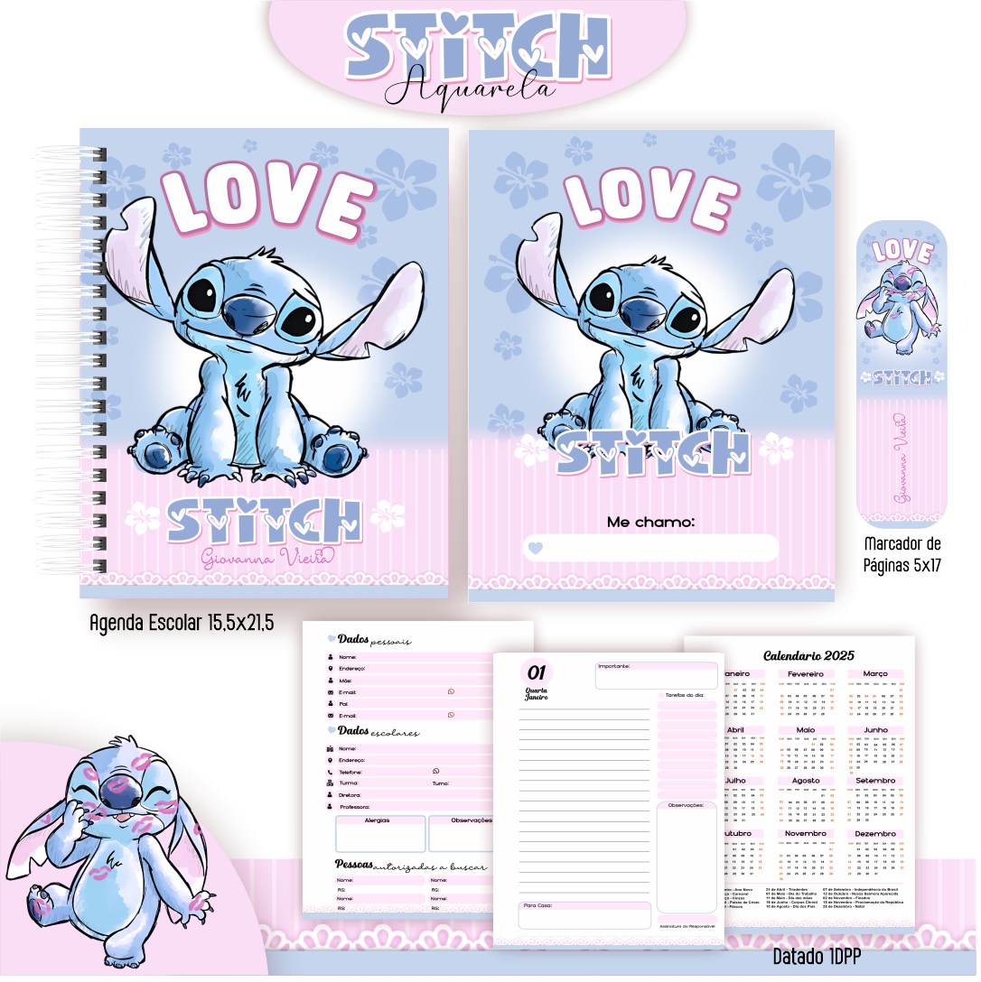 Arquivo Digital Agenda Escolar Stitch Aquarela – Kit Completo e Delicado