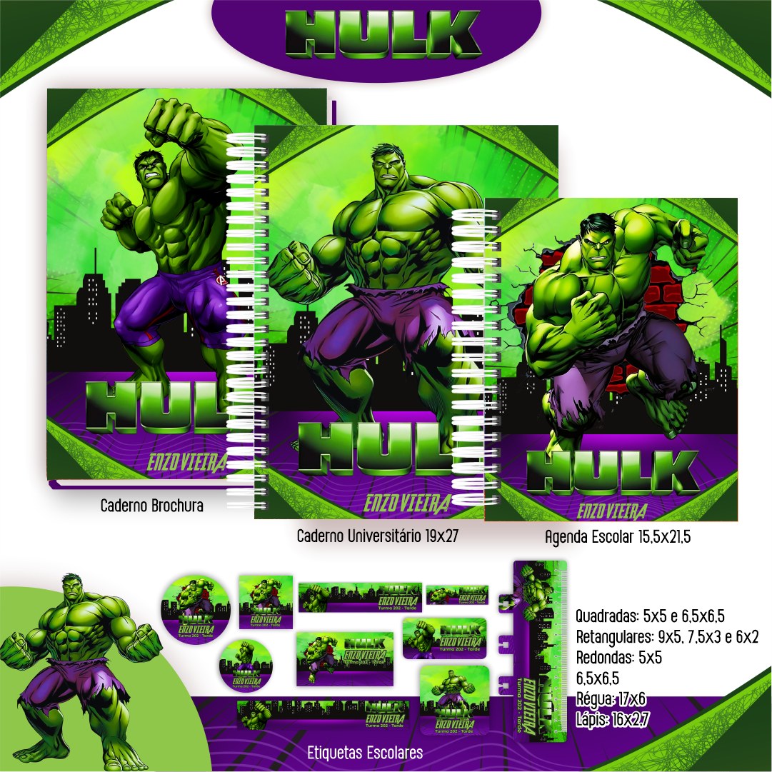 Arquivo Digital Kit Escolar Completo Hulk - Capas e Etiquetas - Envio Imediato