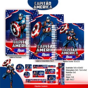 Arquivo Digital Kit Escolar Capitão América - Capas e Etiquetas - Envio Imediato