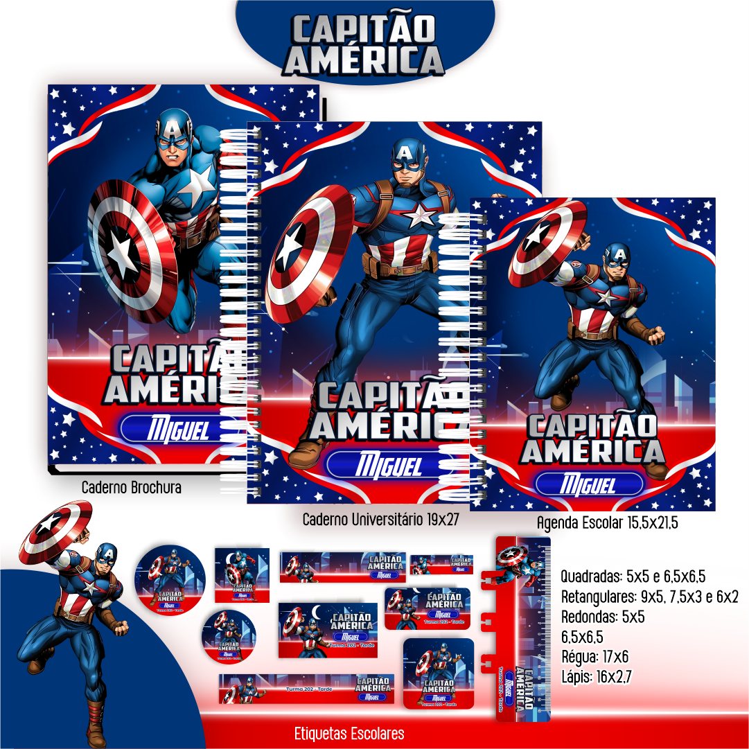 Arquivo Digital Kit Escolar Capitão América - Capas e Etiquetas - Envio Imediato
