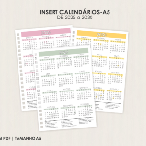 Combo Calendários 5 Anos (2025 a 2030) - PDF Pronto para Imprimir Tamanho A5