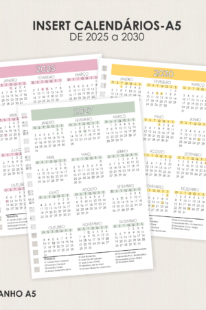 Combo Calendários 5 Anos (2025 a 2030) - PDF Pronto para Imprimir Tamanho A5