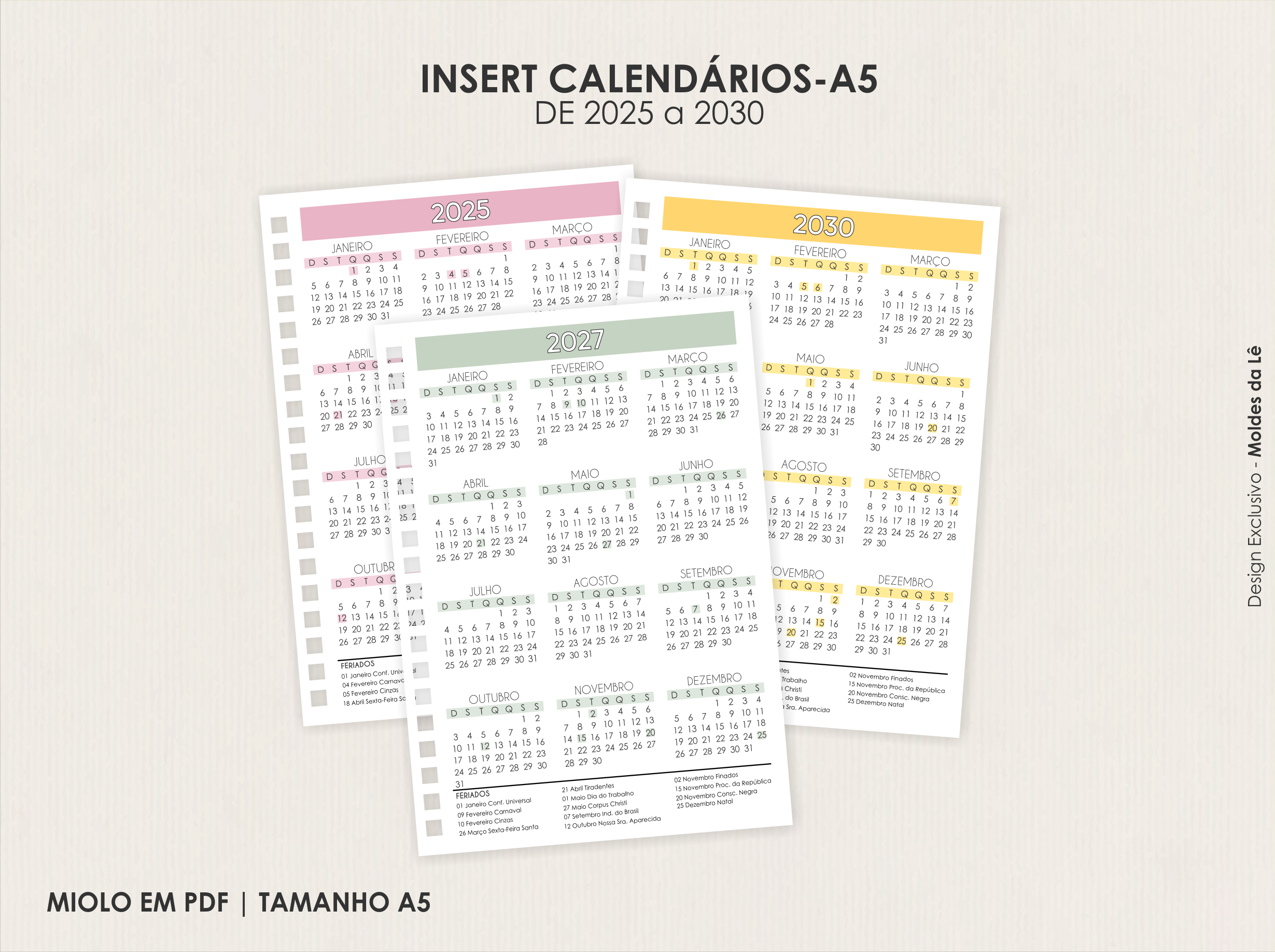 Combo Calendários 5 Anos (2025 a 2030) - PDF Pronto para Imprimir Tamanho A5