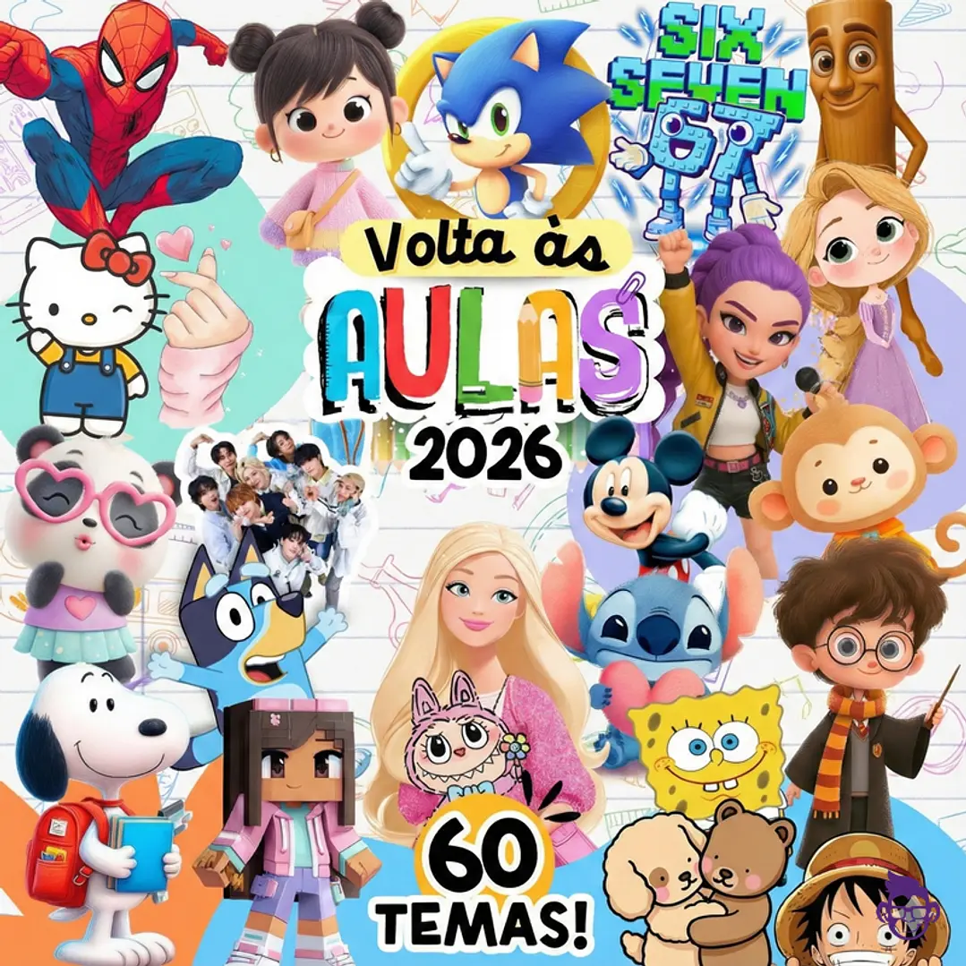 Kit Digital Etiquetas Escolares PNG – Volta às Aulas 2026 (60 Temas)
