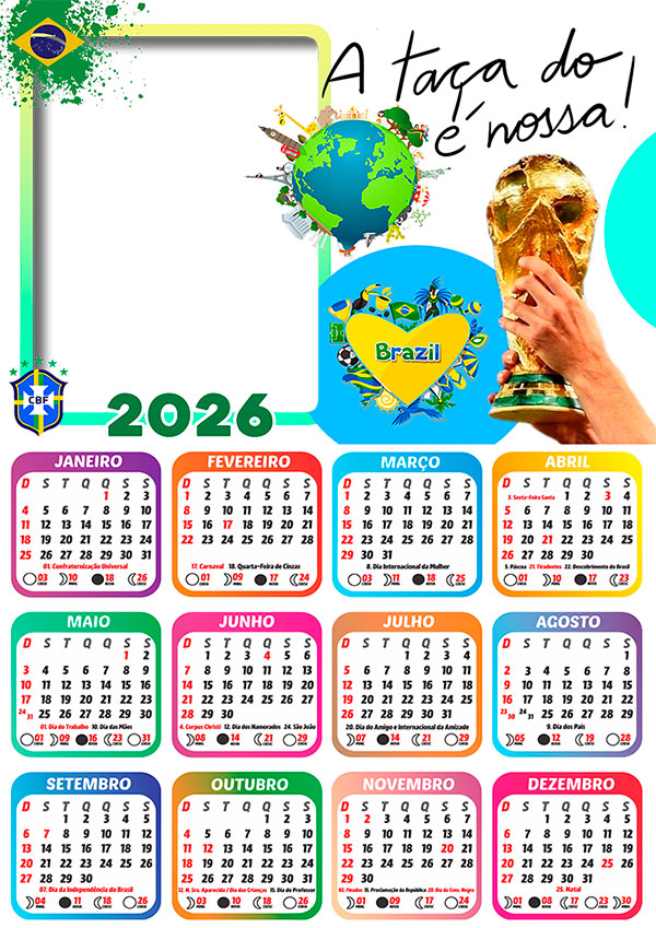 Calendário 2026 A Taça é Nossa Copa do Mundo PNG Arte Digital