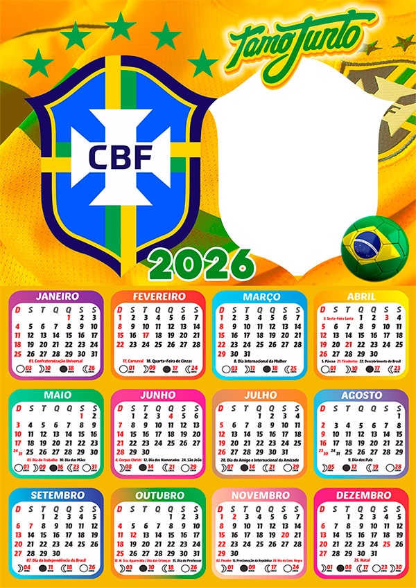 Calendário 2026 Brasil TamoJunto PNG Arte Digital