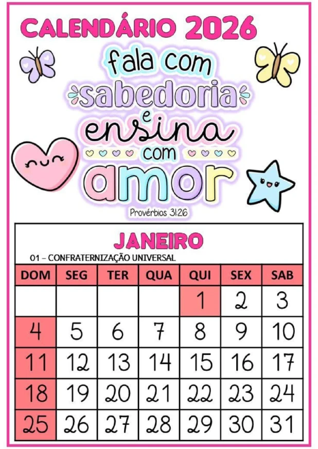 Calendário 2026 com frases bíblicas para imprimir PDF