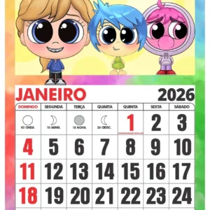Calendário 2026:uma Folha Por Mês do Divertida Mente Png/pdf