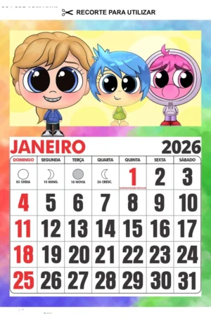 Calendário 2026:uma Folha Por Mês do Divertida Mente Png/pdf