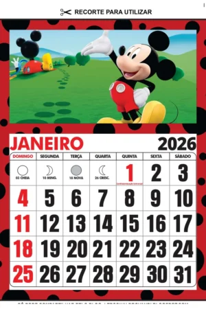 Calendário 2026:uma Folha Por Mês do Mickey e Minnie Png/pdf